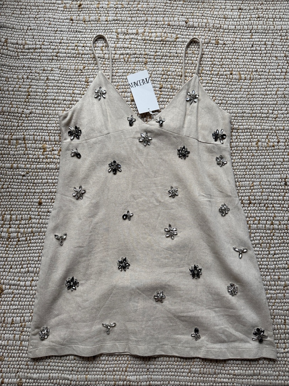 Embellished Beige Slip Dress with Spaghetti Straps